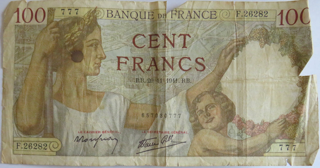 1941 France 100 Francs Banknote