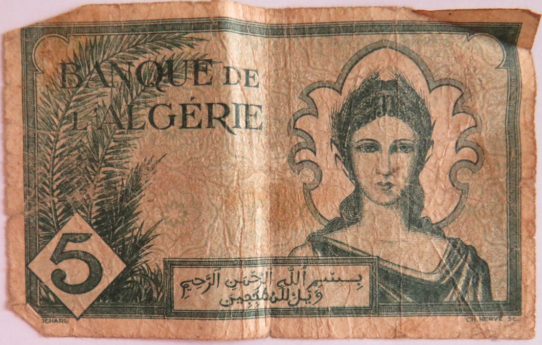 1942 Algeria 5 Francs Banknote