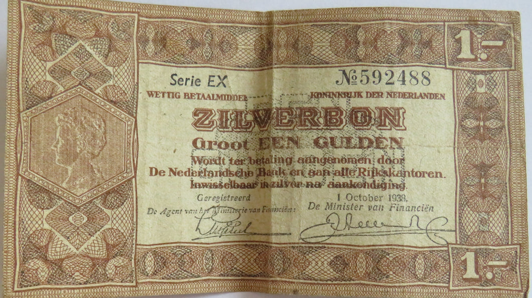 1938 Netherlands One Gulden Banknote