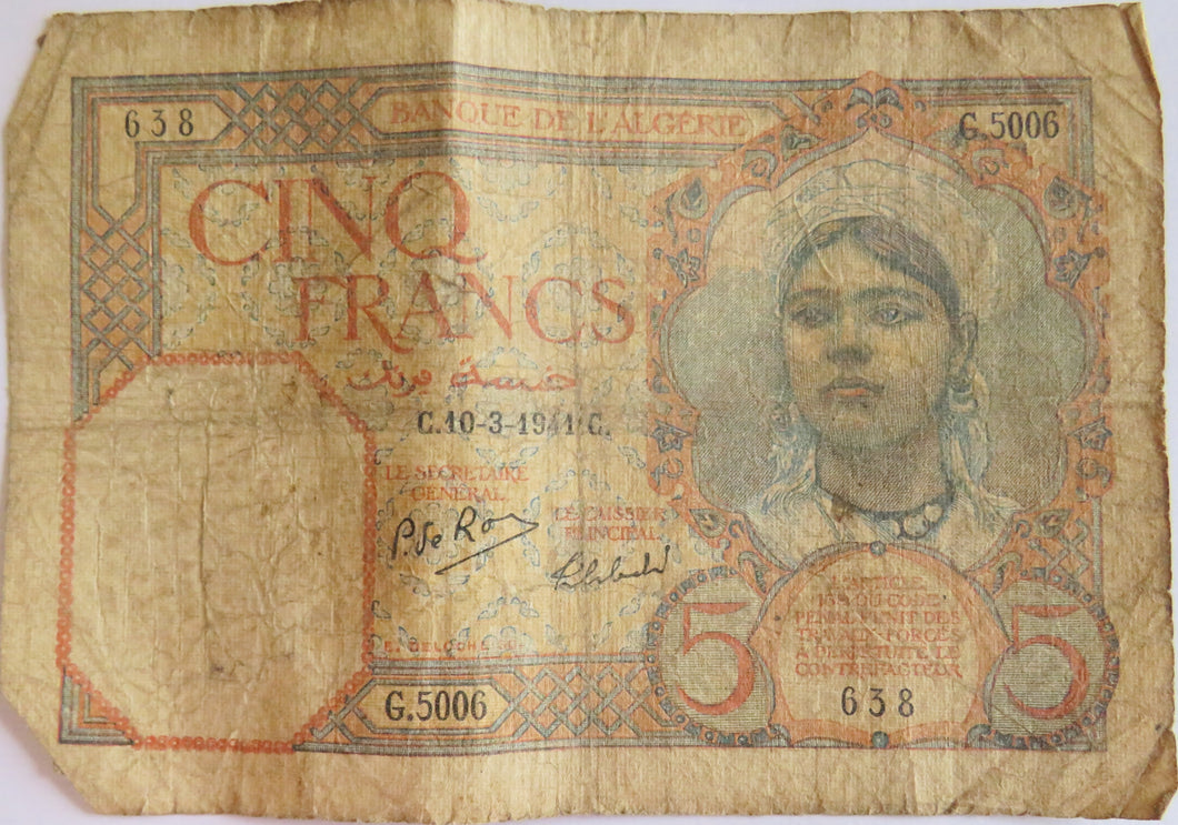 1941 Algeria 5 Francs Banknote