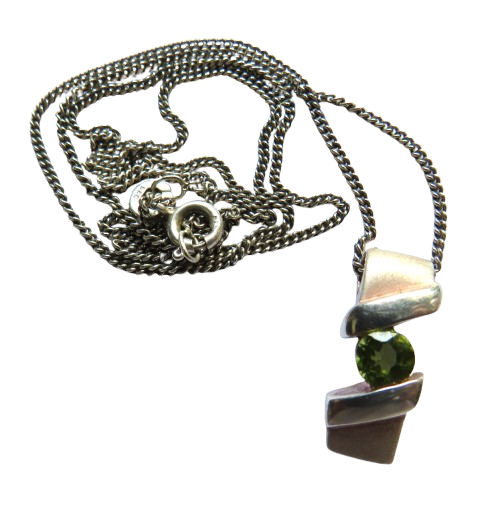 Stylish Ladies Sterling Silver Necklace & Pendant With Green Stone