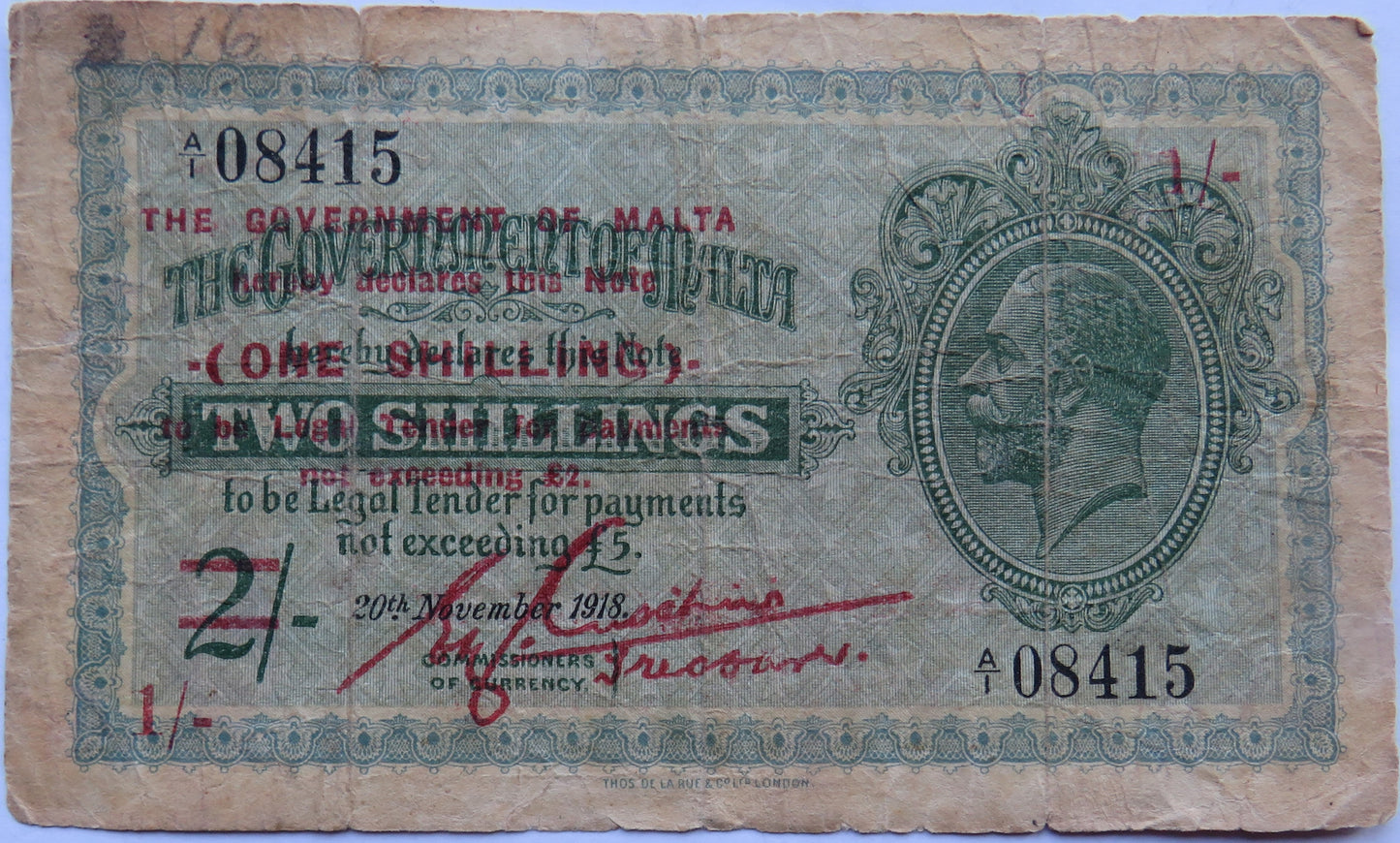 1918 The Government of Malta 1 Shilling / Two Shillings Banknote