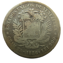 Load image into Gallery viewer, 1886 Venezuela Silver 5 Bolivares Coin
