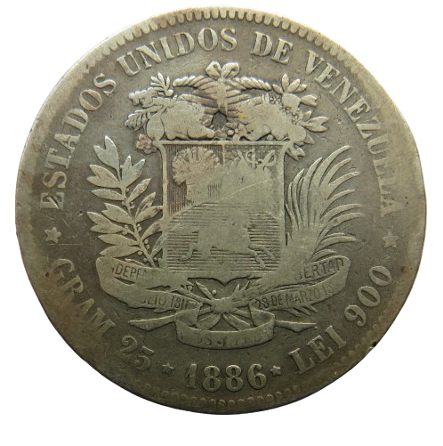 1886 Venezuela Silver 5 Bolivares Coin