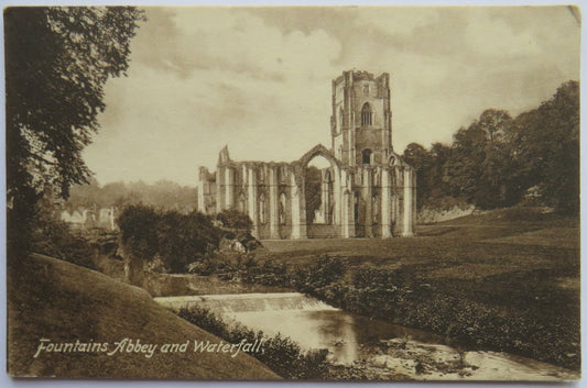 Vintage Postcard of Fountains Abbey and Waterfall