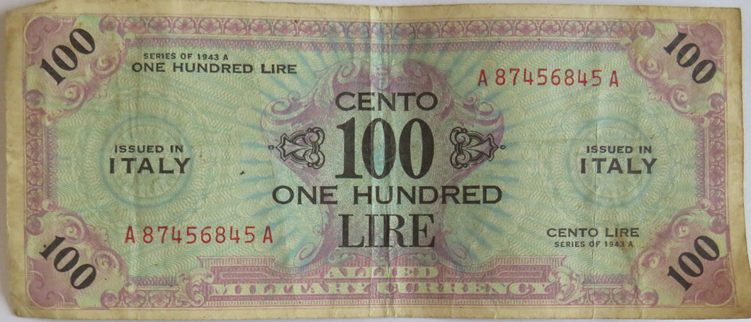 1943 Italy 100 Lire Banknote Allied Military Currency