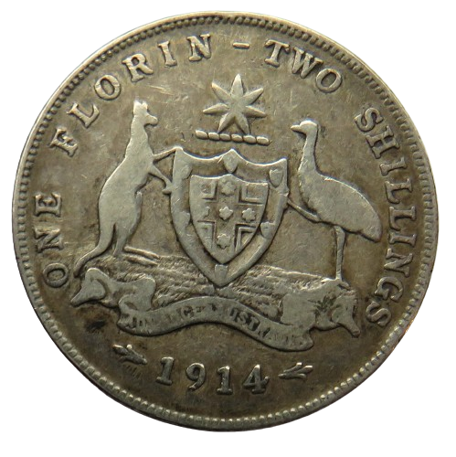 1914 King George V Australia Silver Florin / Two Shillings Coin