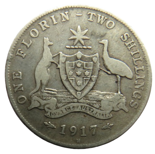 1917-M King George V Australia Silver Florin / Two Shillings Coin