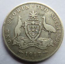 Load image into Gallery viewer, 1917-M King George V Australia Silver Florin / Two Shillings Coin
