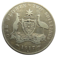 Load image into Gallery viewer, 1917-M King George V Australia Silver Florin / Two Shillings Coin
