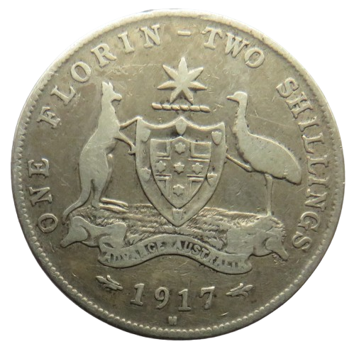 1917-M King George V Australia Silver Florin / Two Shillings Coin