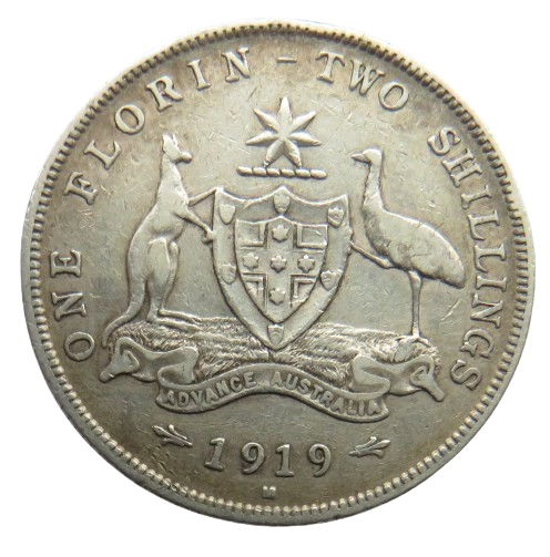 1919 King George V Australia Silver Florin / Two Shillings Coin