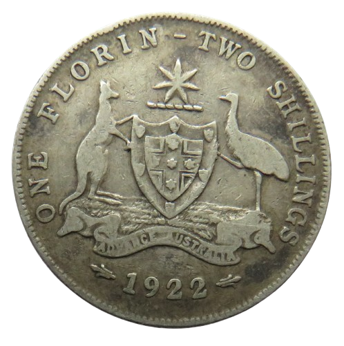 1922 King George V Australia Silver Florin / Two Shillings Coin