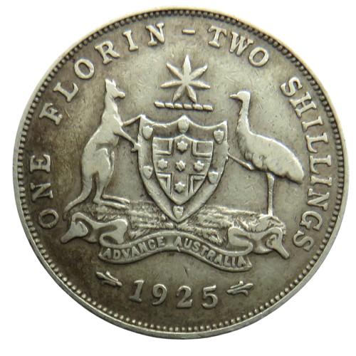 1925 King George V Australia Silver Florin / Two Shillings Coin