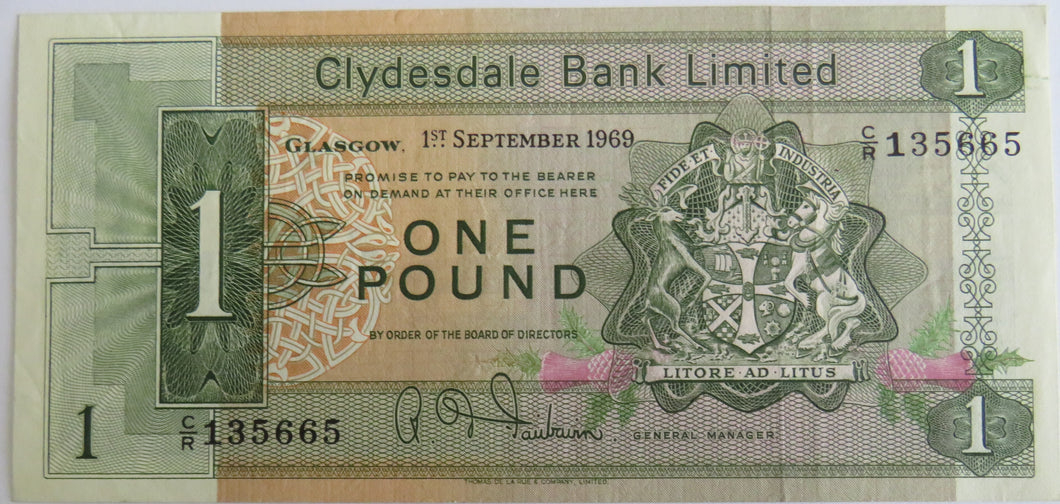 1969 Clydesdale Bank Limited £1 One Pound Banknote