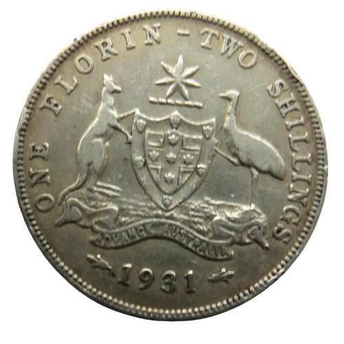 1931 King George V Australia Silver Florin / Two Shillings Coin