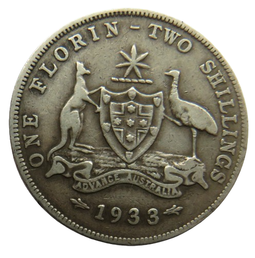 1933 King George V Australia Silver Florin / Two Shillings Coin