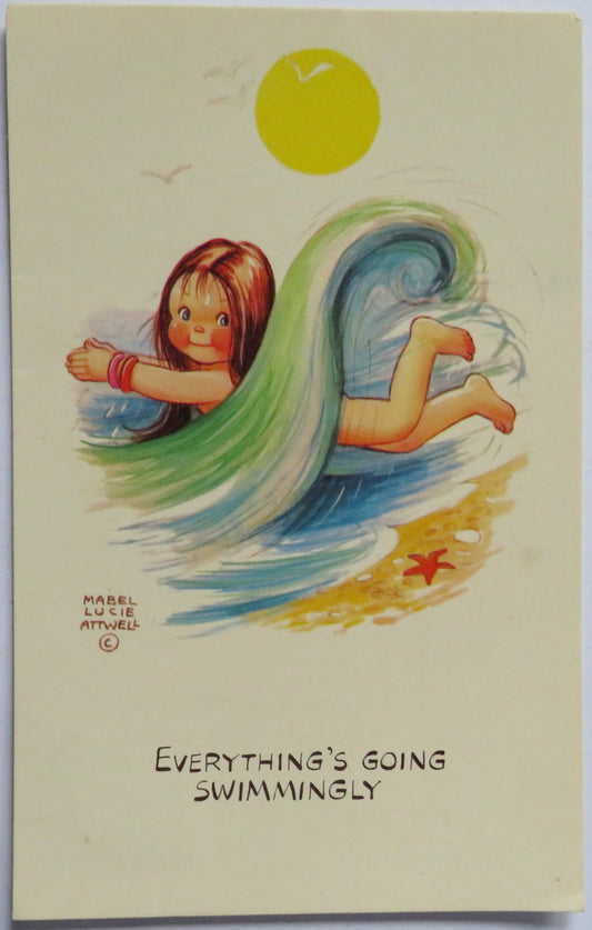 Vintage Comical Postcard By Mabel Lucie Attwell "Everything's Going Swimmingly"