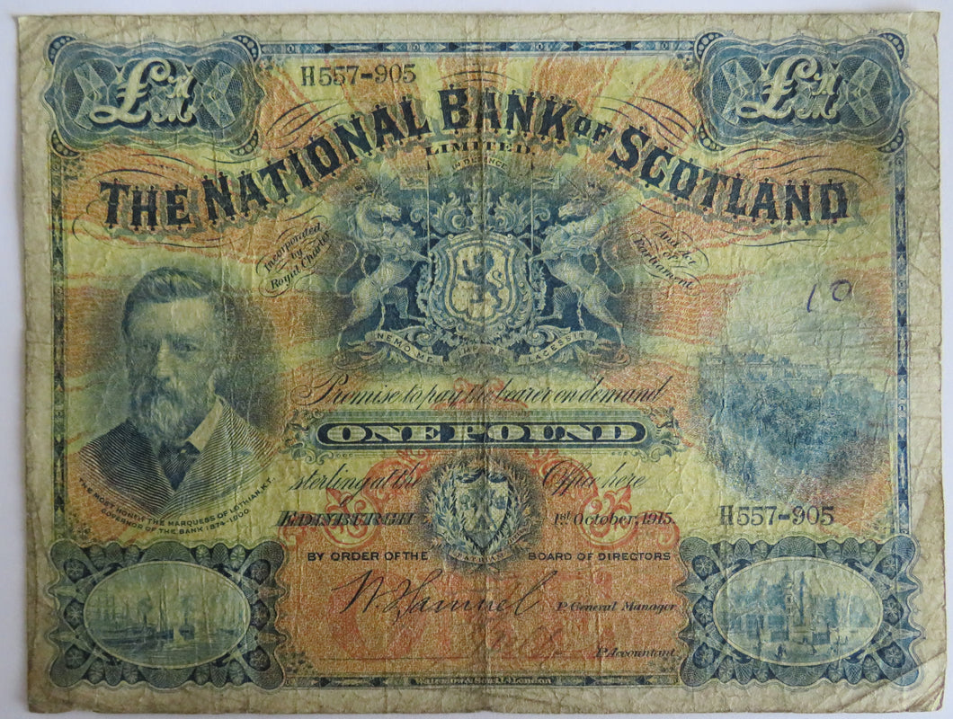 1915 The National Bank of Scotland £1 One Pound Banknote