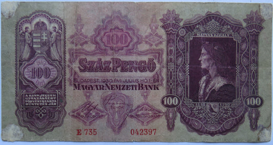 1930 Hungary 100 Pengo Banknote Magyar Nemzeti Bank