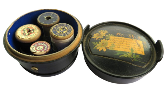 Antique Mauchline Black Lacquer Ware Sewing Box "A Birthday Blessing"