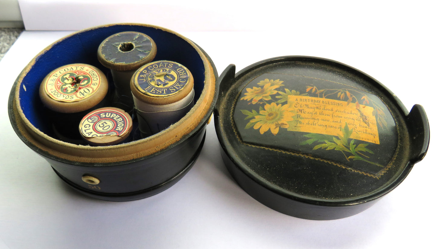 Antique Mauchline Black Lacquer Ware Sewing Box "A Birthday Blessing"