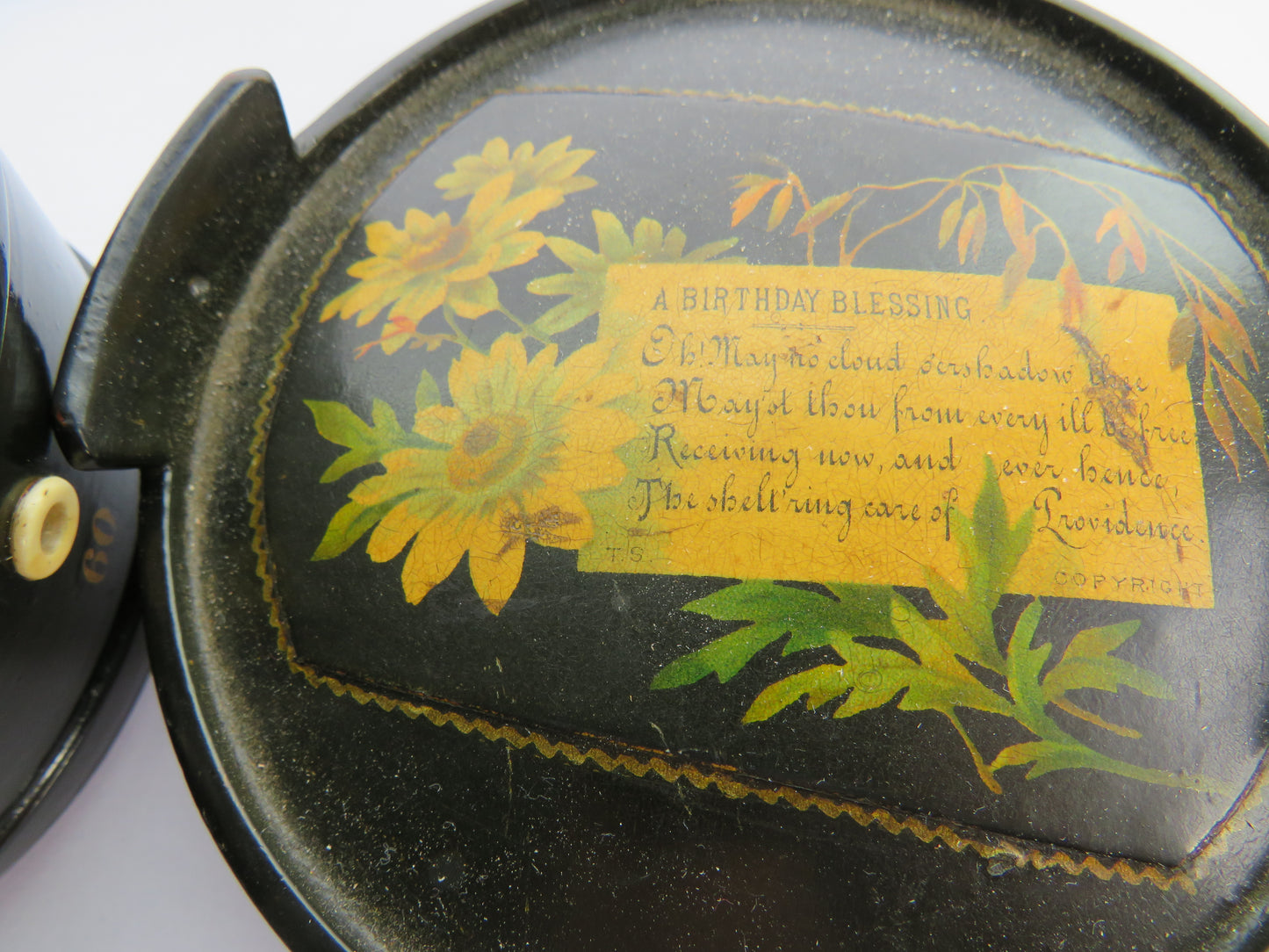 Antique Mauchline Black Lacquer Ware Sewing Box "A Birthday Blessing"