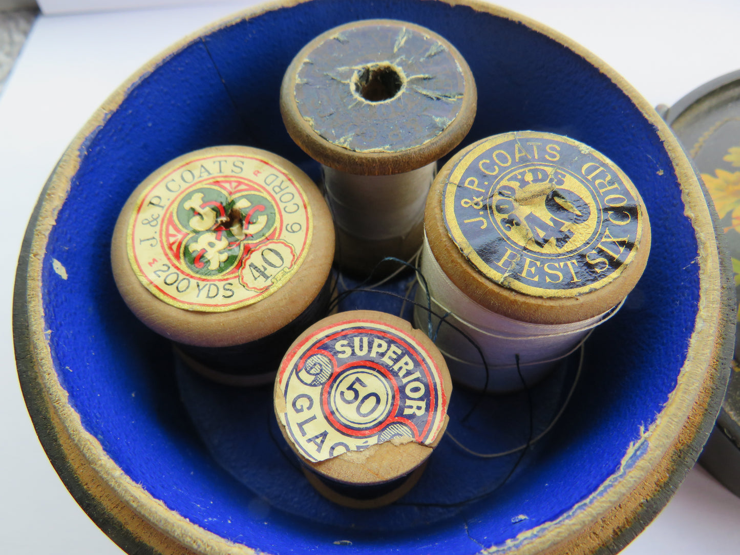 Antique Mauchline Black Lacquer Ware Sewing Box "A Birthday Blessing"