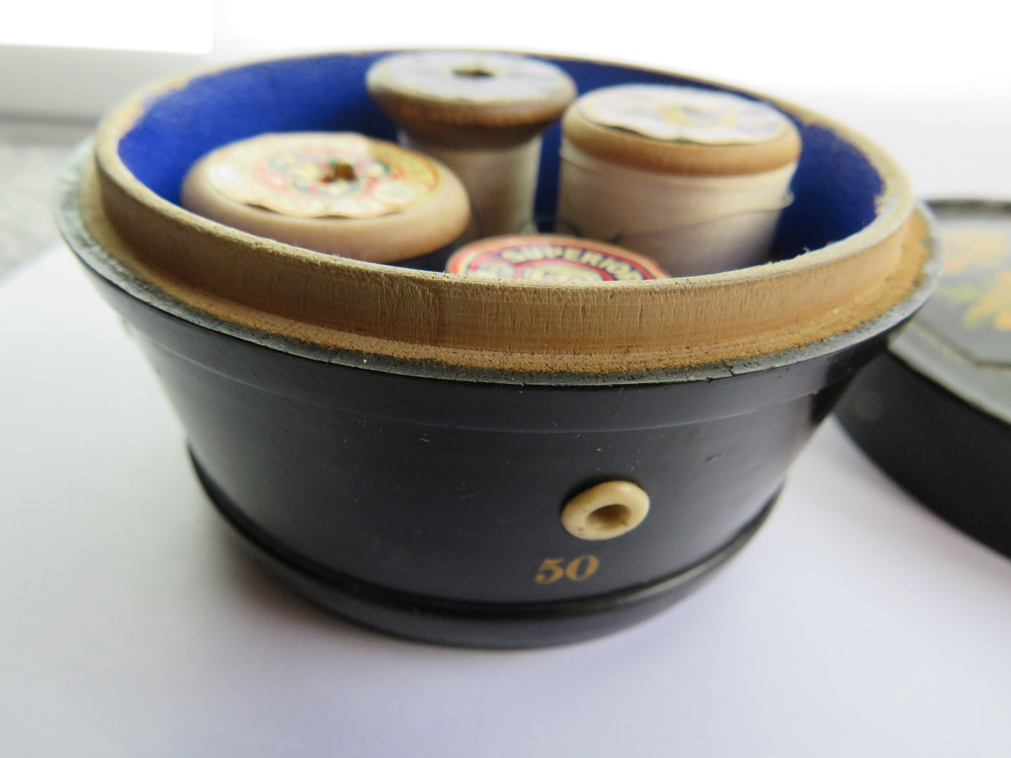 Antique Mauchline Black Lacquer Ware Sewing Box "A Birthday Blessing"