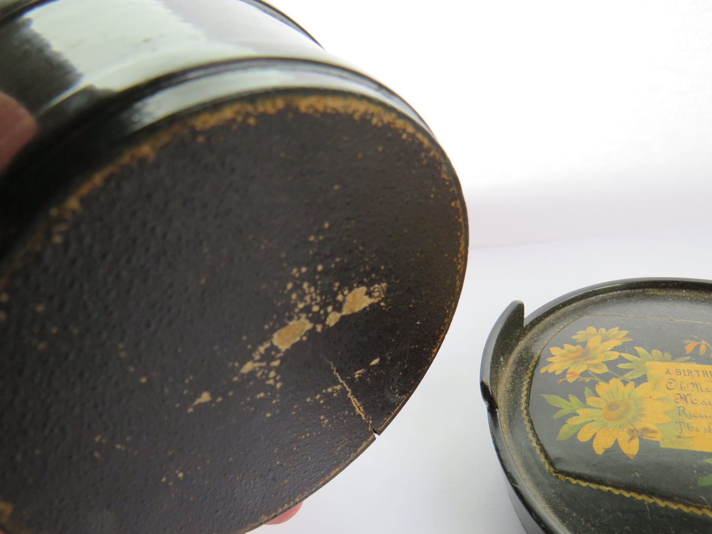 Antique Mauchline Black Lacquer Ware Sewing Box "A Birthday Blessing"