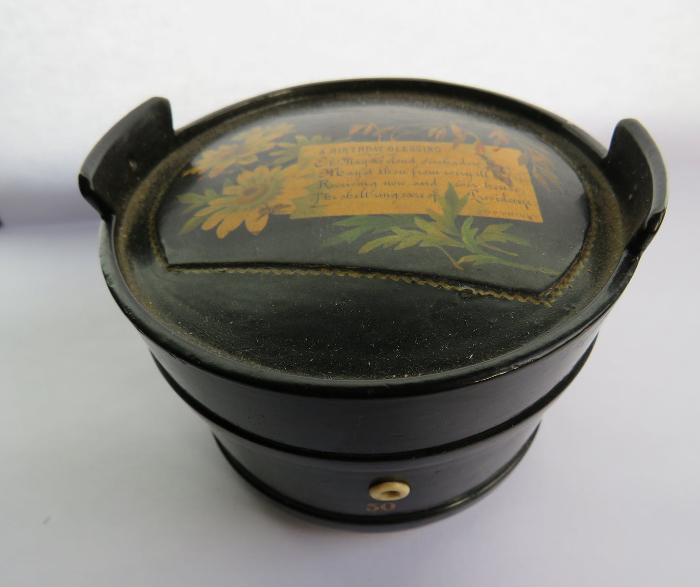 Antique Mauchline Black Lacquer Ware Sewing Box "A Birthday Blessing"
