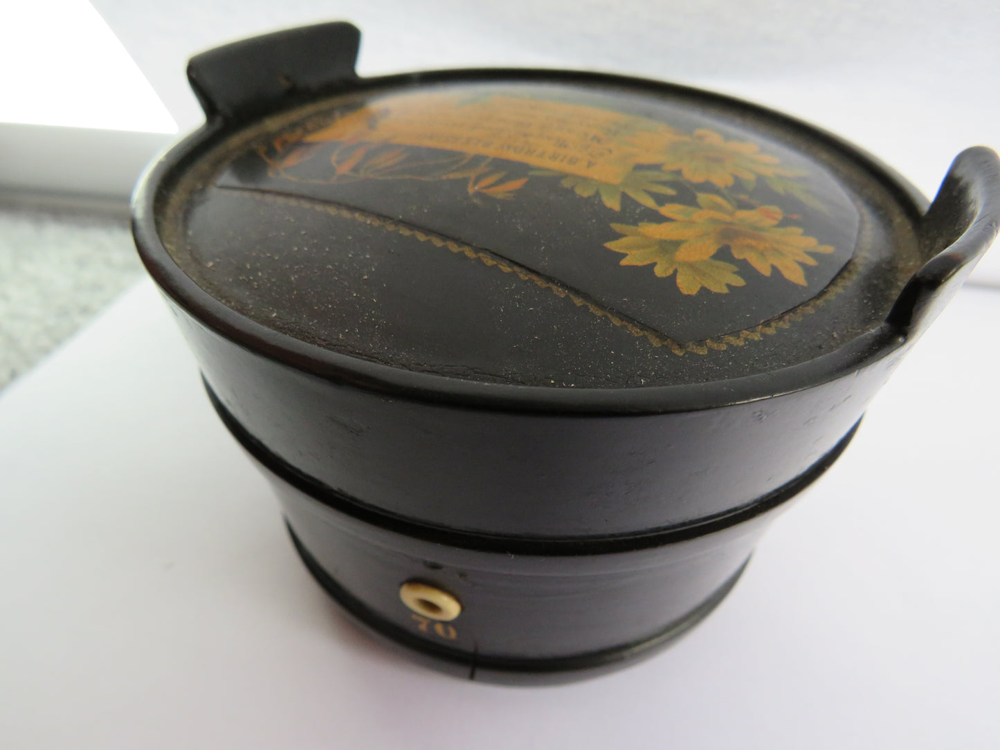 Antique Mauchline Black Lacquer Ware Sewing Box "A Birthday Blessing"