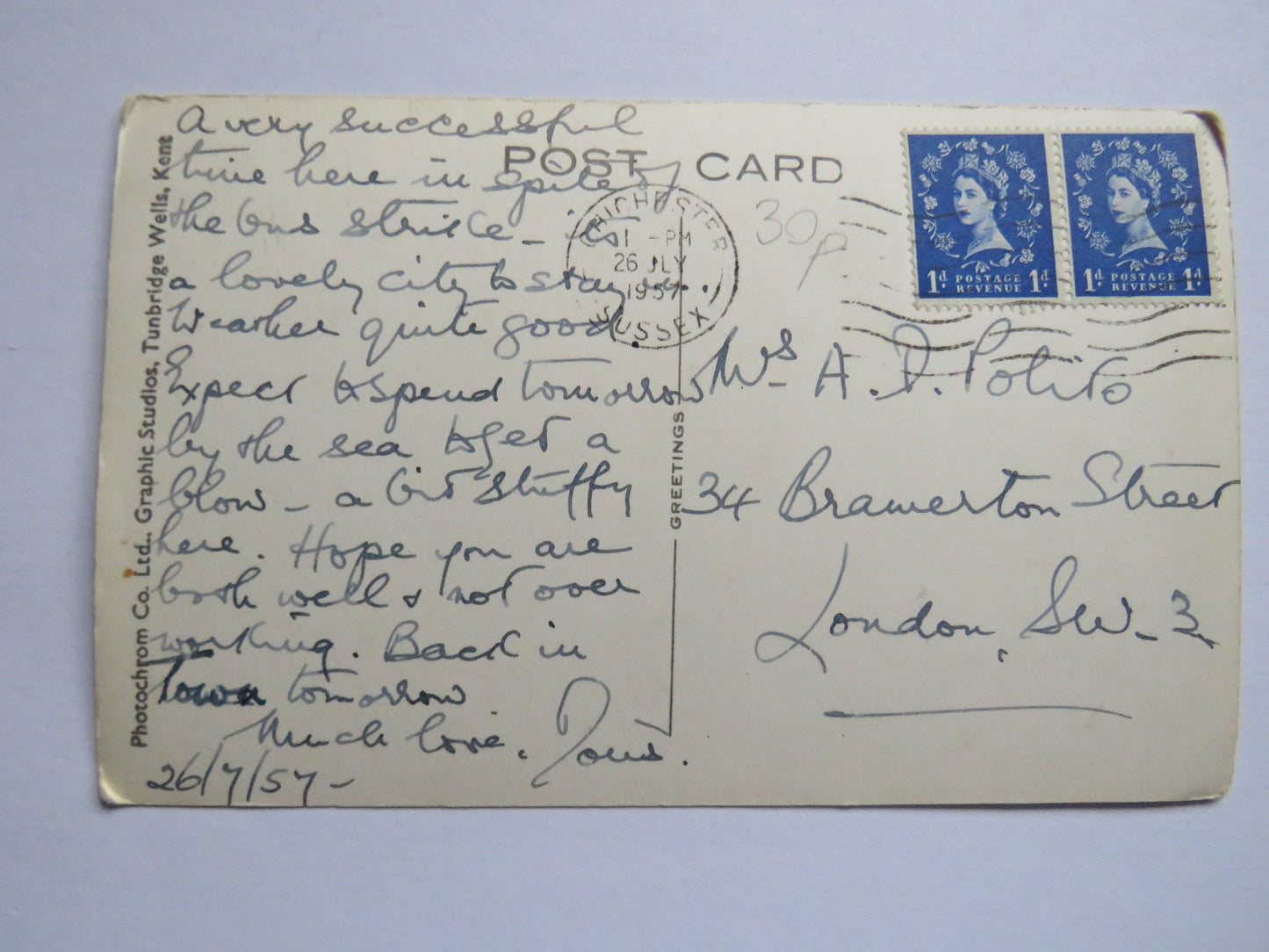 Antique Postcard Of Chichester Cathedral, The West Front 1957