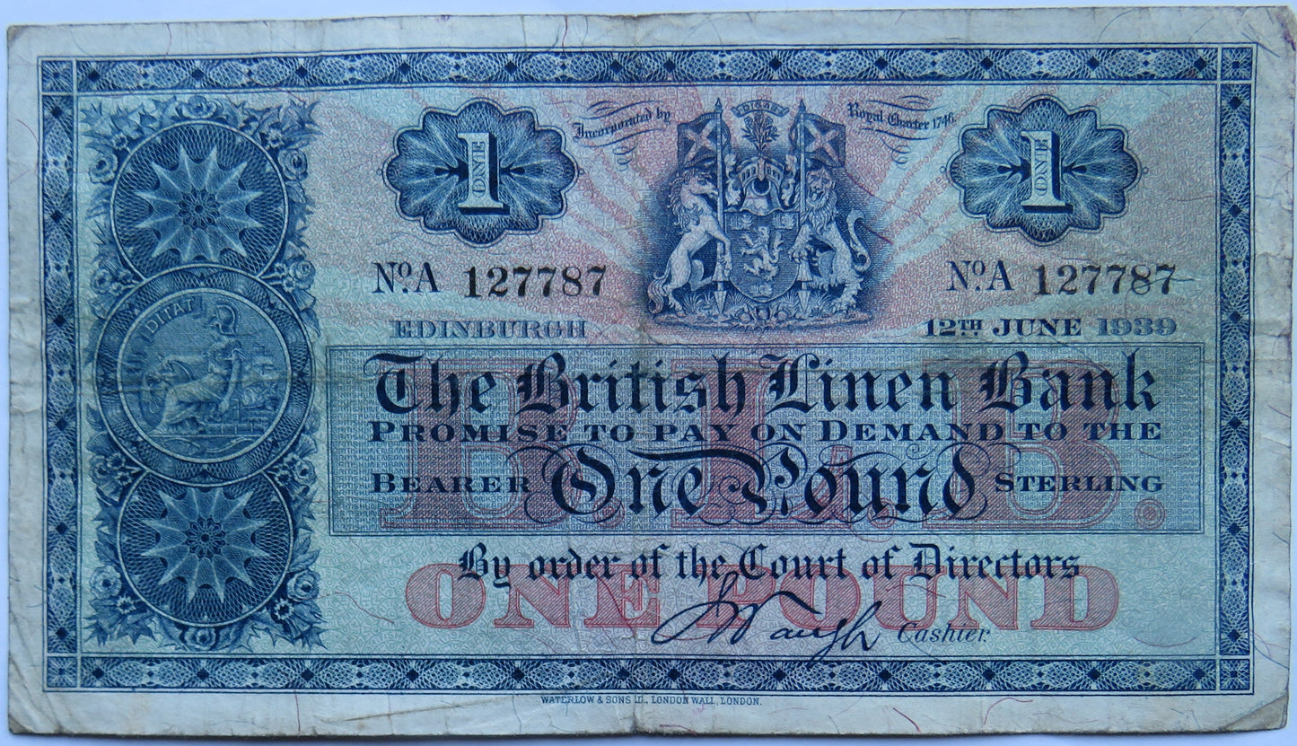 1939 The British Linen Bank £1 One Pound Banknote