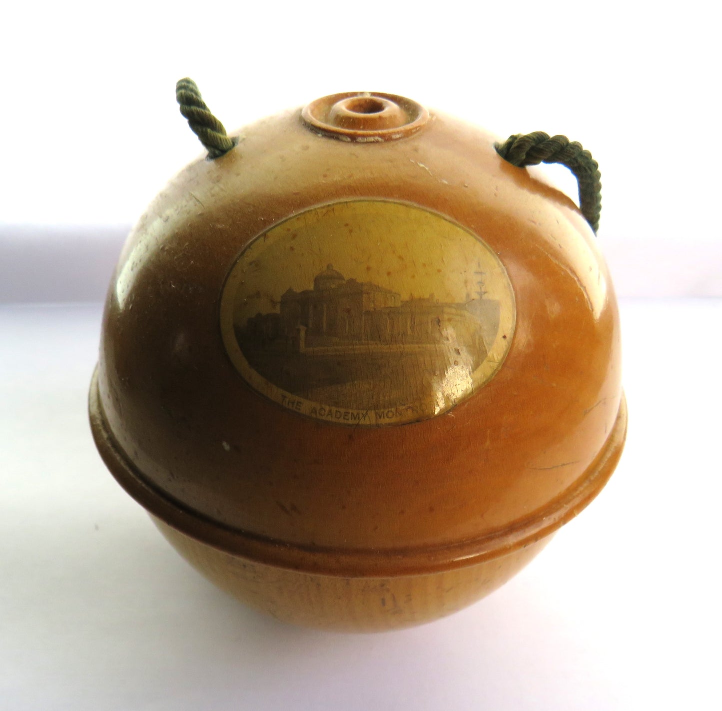 Antique Mauchline Ware String Holder "The Academy Montrose"