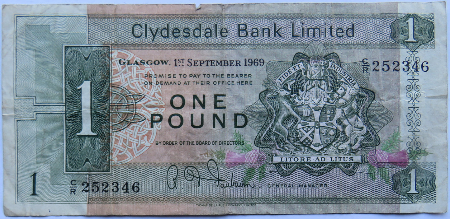 1969 Clydesdale Bank Limited £1 One Pound Banknote