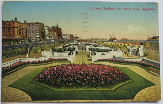 Vintage Postcard Of Sunken Gardens and West Pier Brighton  1930