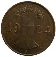 Load image into Gallery viewer, 1924-A Germany - Weimar Republic One Reichspfennig Coin
