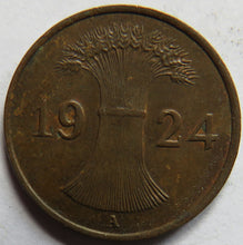 Load image into Gallery viewer, 1924-A Germany - Weimar Republic One Reichspfennig Coin
