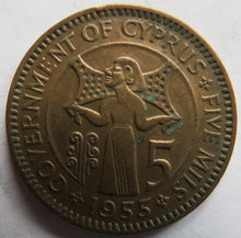 Load image into Gallery viewer, 1955 Queen Elizabeth II Cyprus 5 Mils Coin
