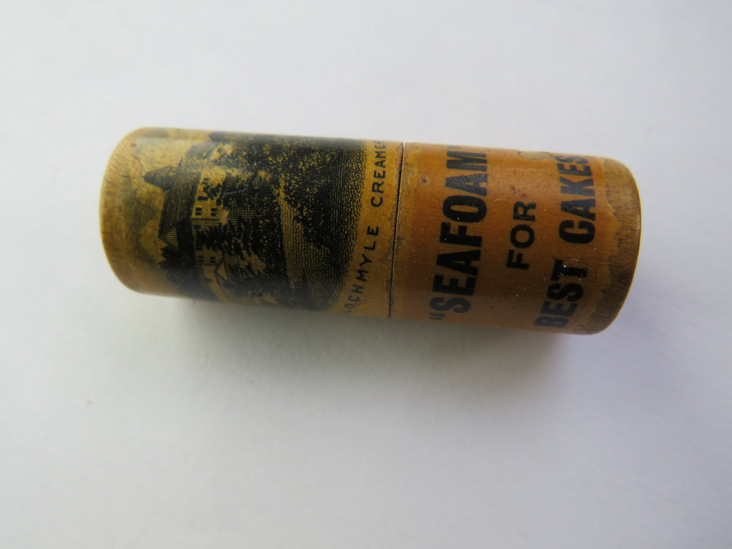Antique Mauchline Transfer Ware Advertising Chalk Holder "Ballochmyle Creamery, "Seafoam For Best Cakes"