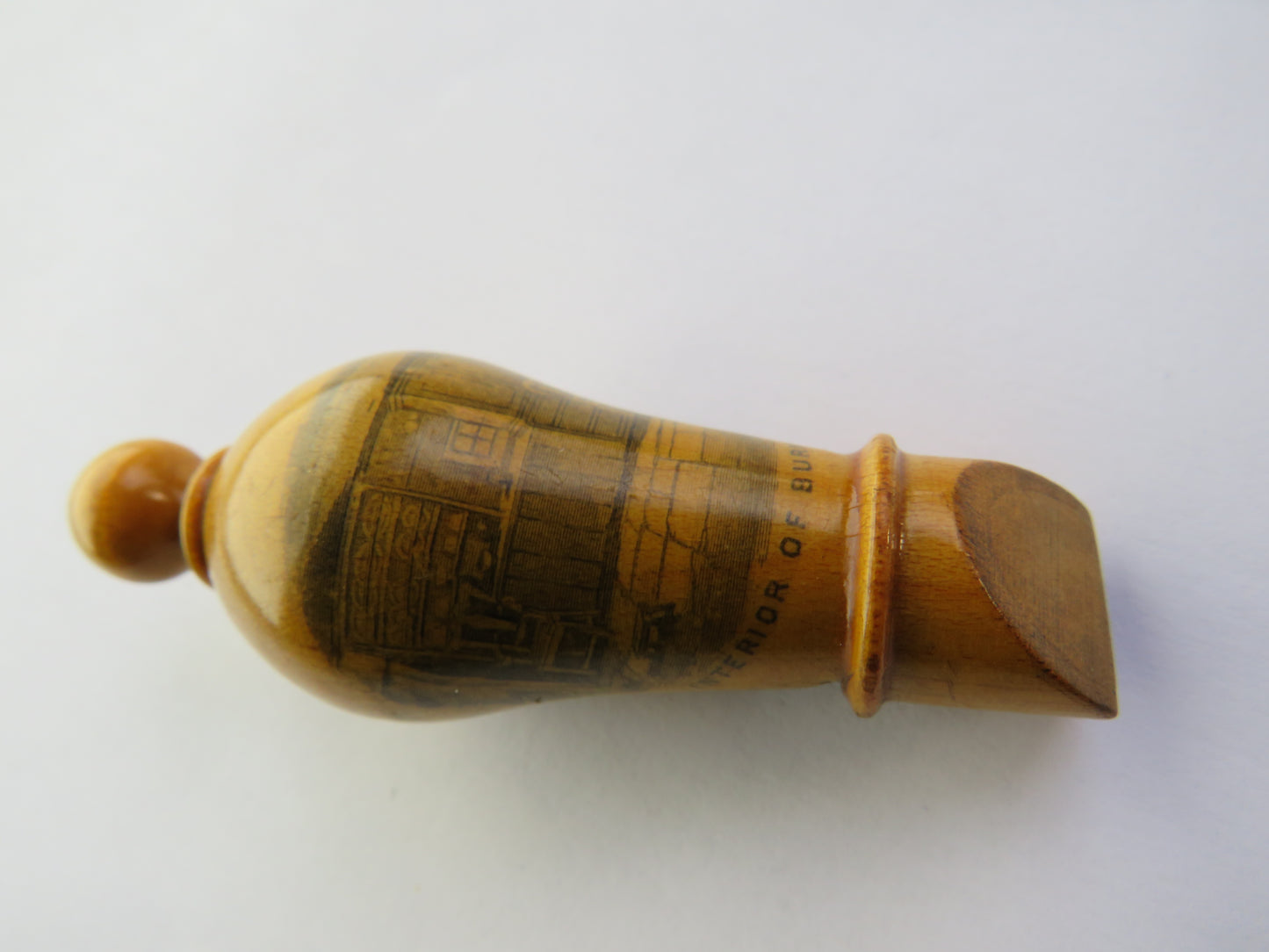 Antique Mauchline Transfer Ware Whistle "Burns Cottage" Bought In Monument, Made From Wood From the Banks of the Doon