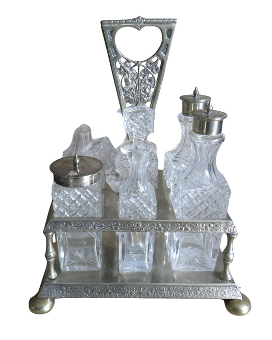 Antique Silver Plated & Cut Glass Cruet Stand