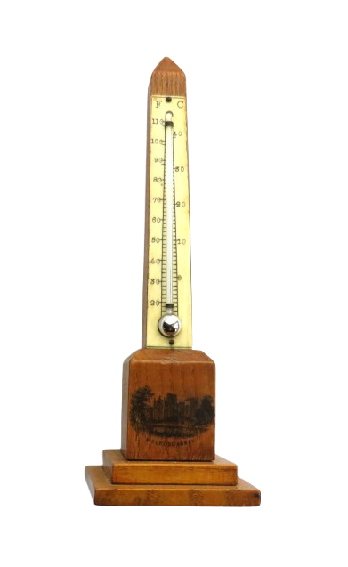 Antique Mauchline Transfer Ware Thermometer "Melrose Abbey" Made From Wood Grown on the Land of Abbotsford