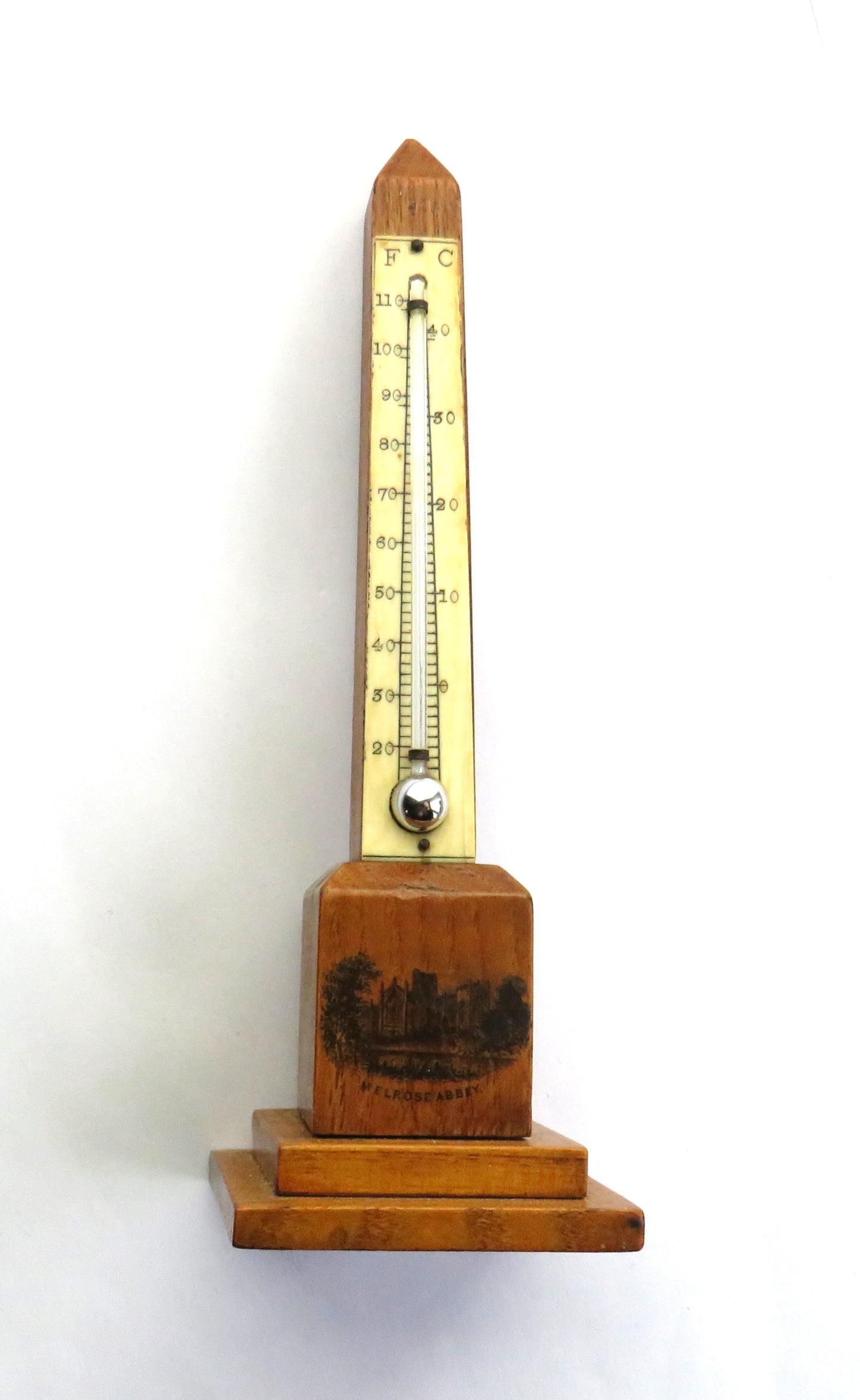 Antique Mauchline Transfer Ware Thermometer "Melrose Abbey" Made From Wood Grown on the Land of Abbotsford