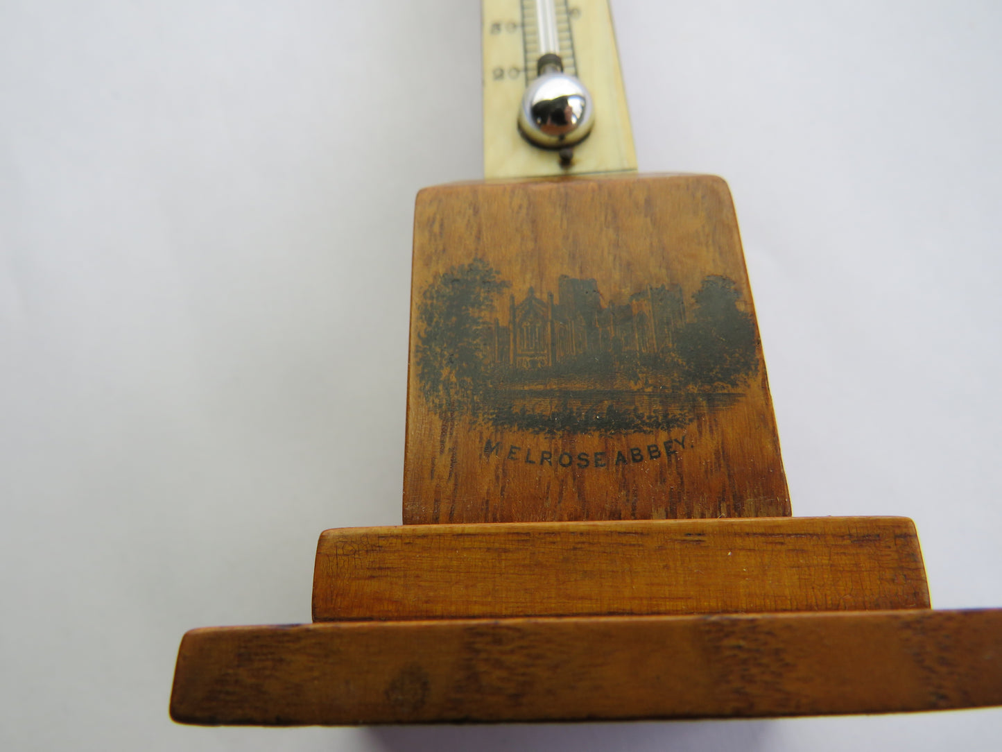 Antique Mauchline Transfer Ware Thermometer "Melrose Abbey" Made From Wood Grown on the Land of Abbotsford