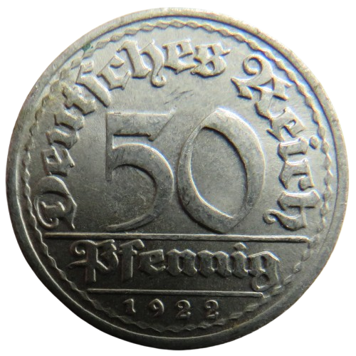 1922-G Germany - Weimar Republic 50 Pfennig Coin