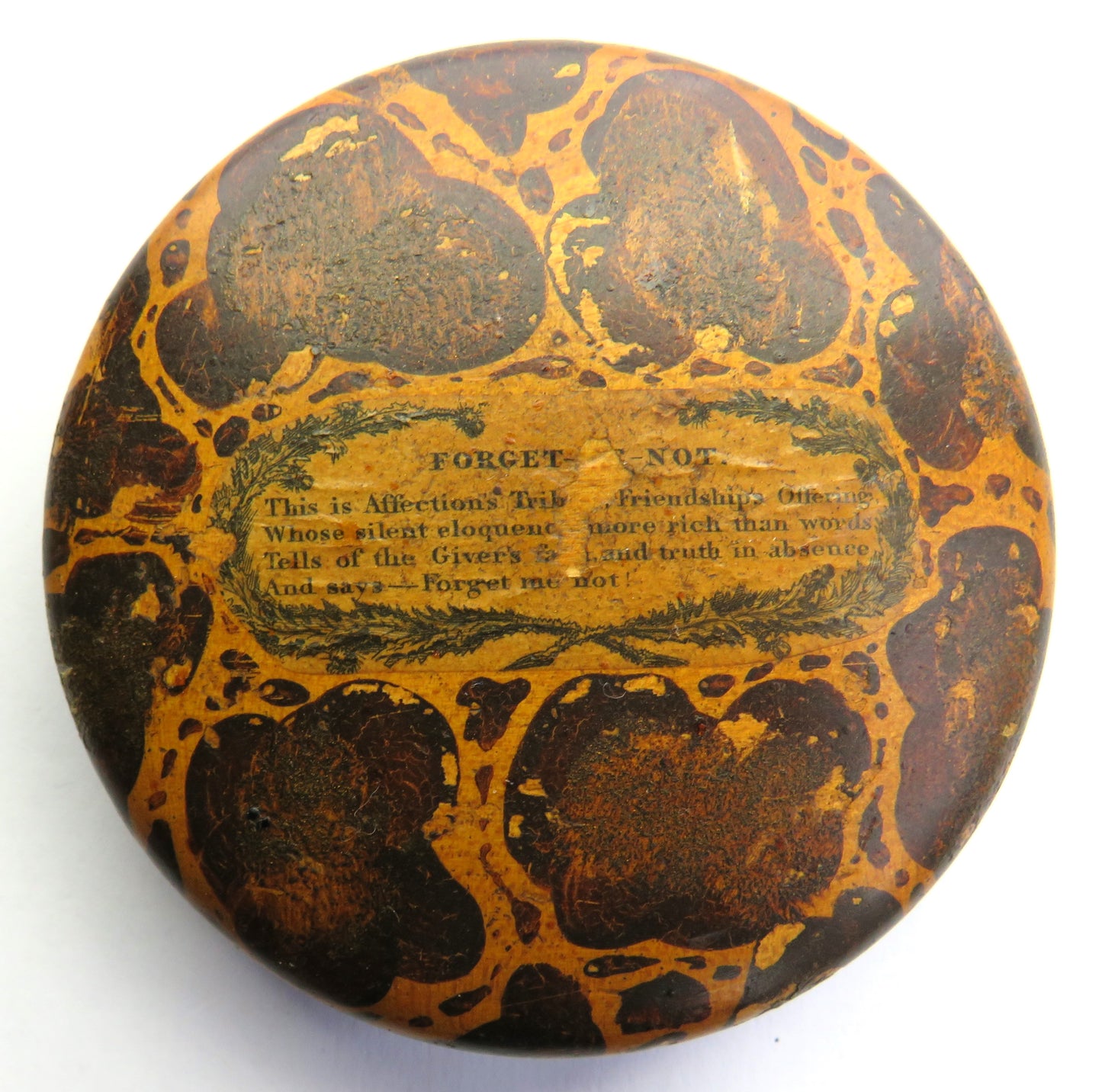 Antique Turned Wood Circular Snuff Box With Motto