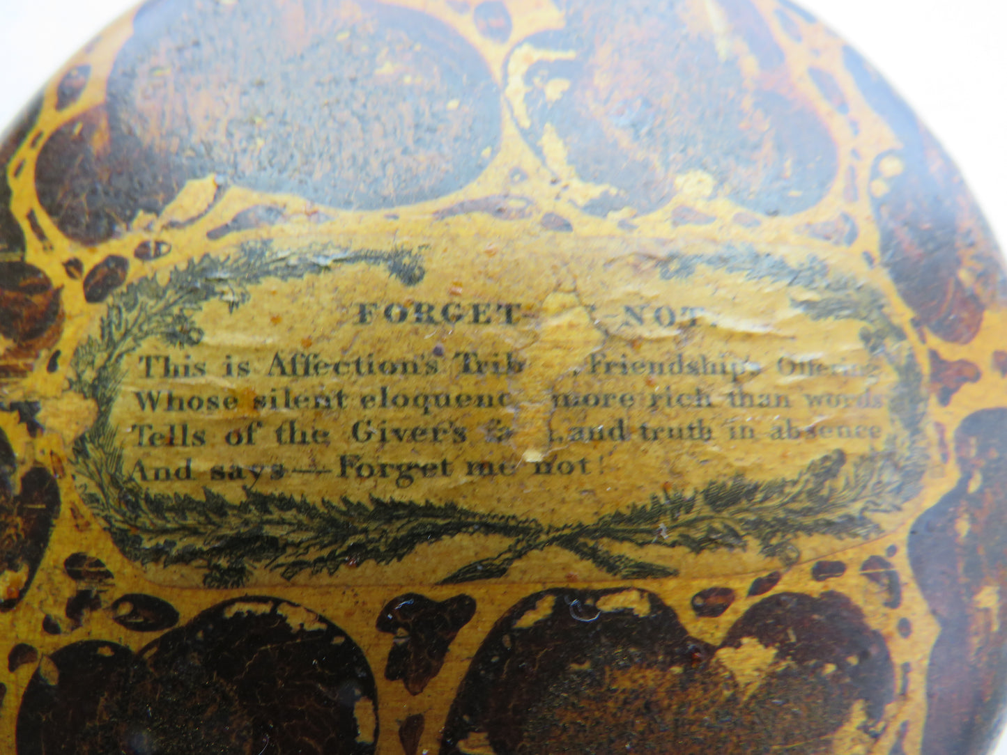 Antique Turned Wood Circular Snuff Box With Motto