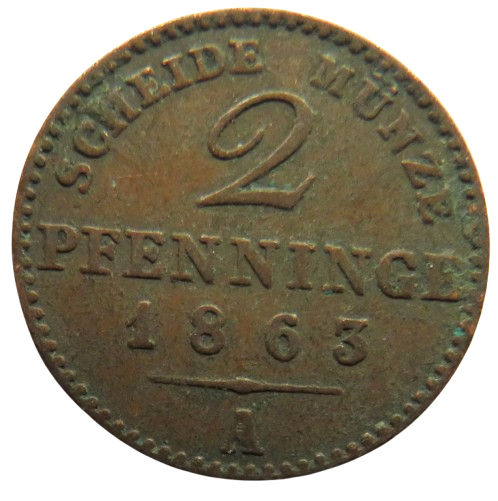 1863-A German States Prussia 2 Pfennig Coin